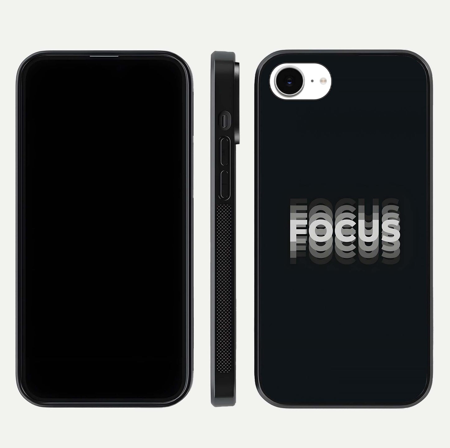 Mono Focus Vision Glass Case for iPhone 16e front & back layout showing clean focus lines and curved edges
