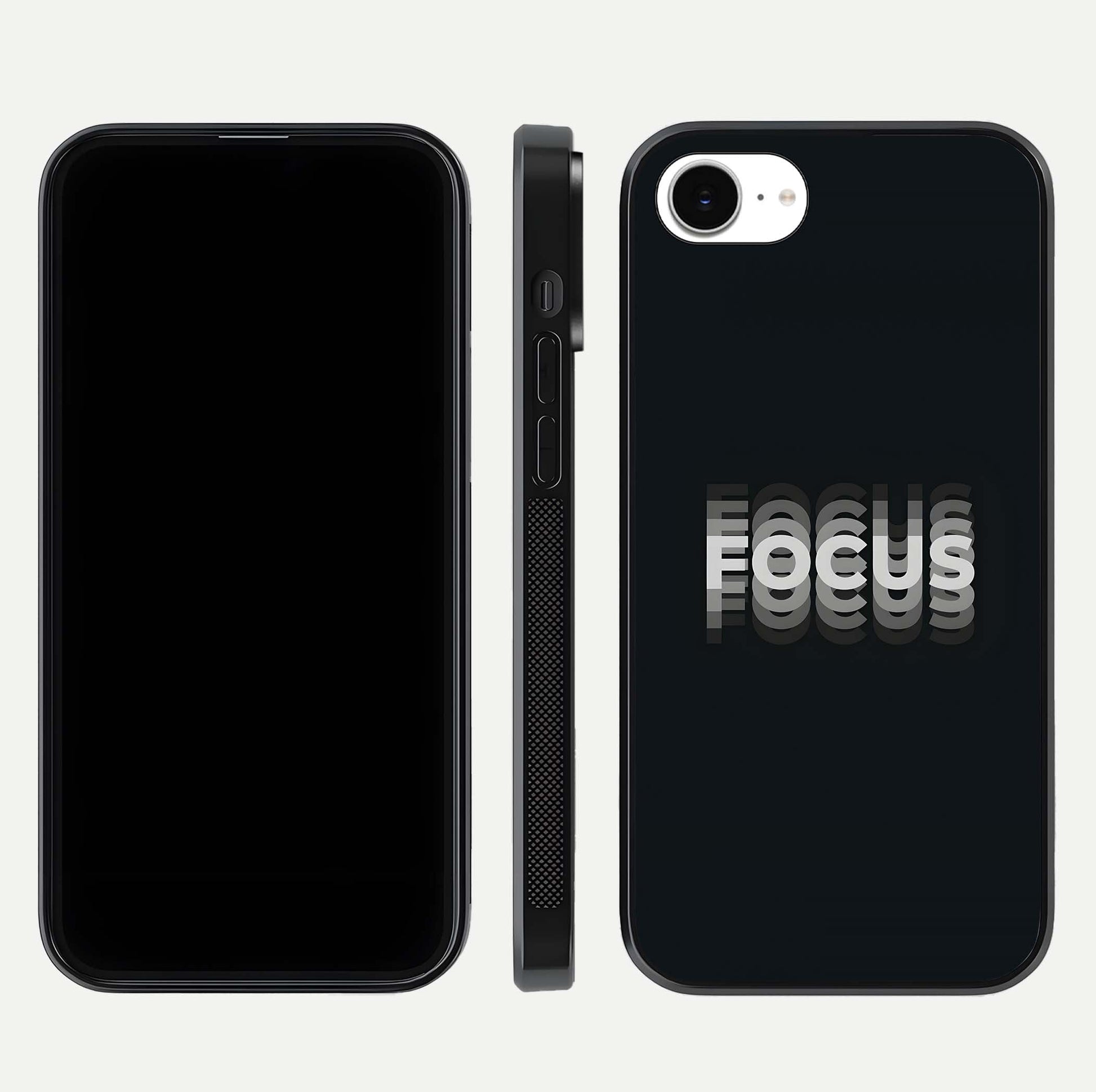 Mono Focus Vision Glass Case for iPhone 16e front & back layout showing clean focus lines and curved edges