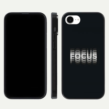Mono Focus Vision Glass Case for iPhone 16e front & back layout showing clean focus lines and curved edges