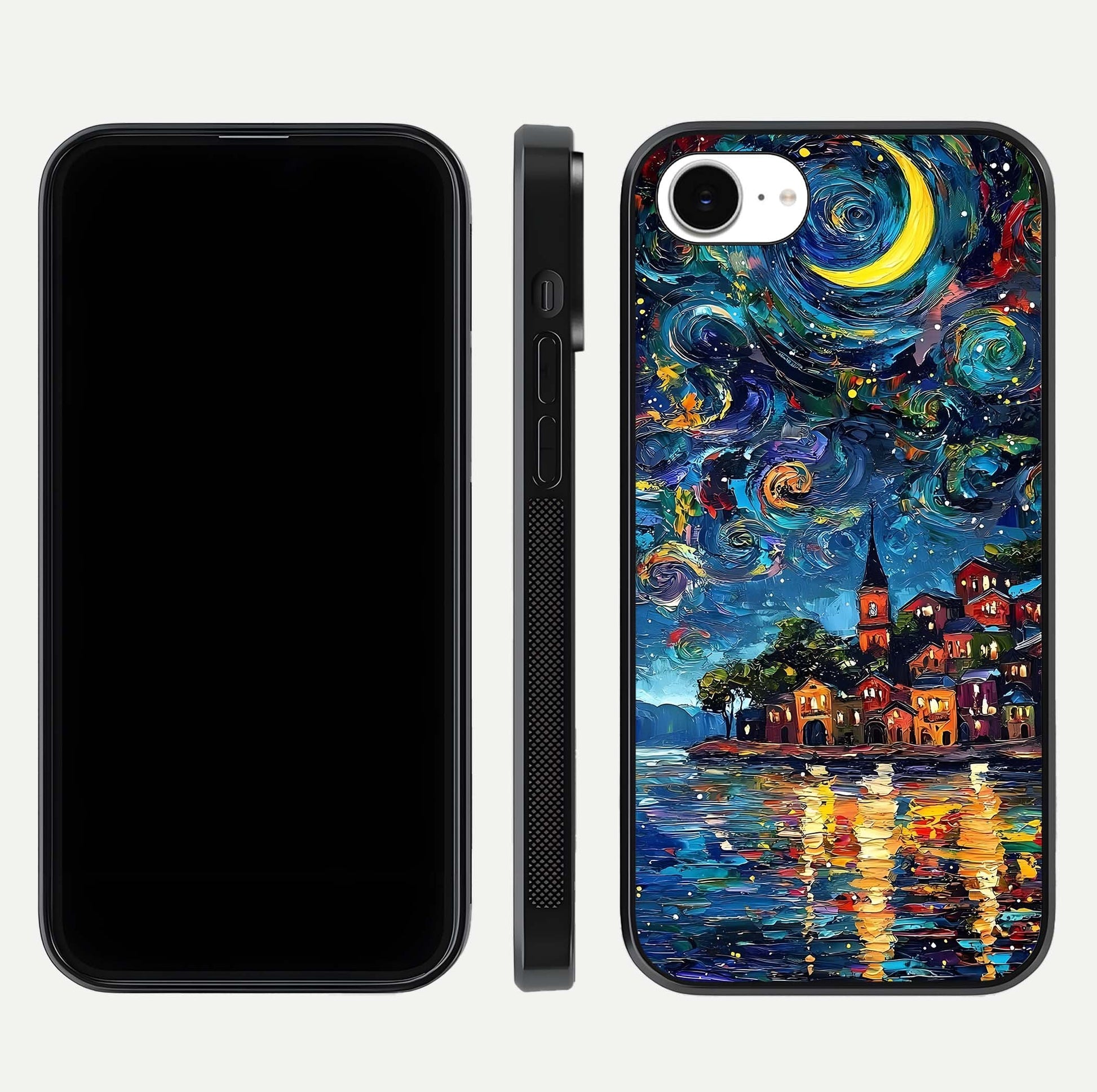 Moonlight Harbor Glow Glass Case for iPhone 16e front & back layout highlighting calm harbor tones