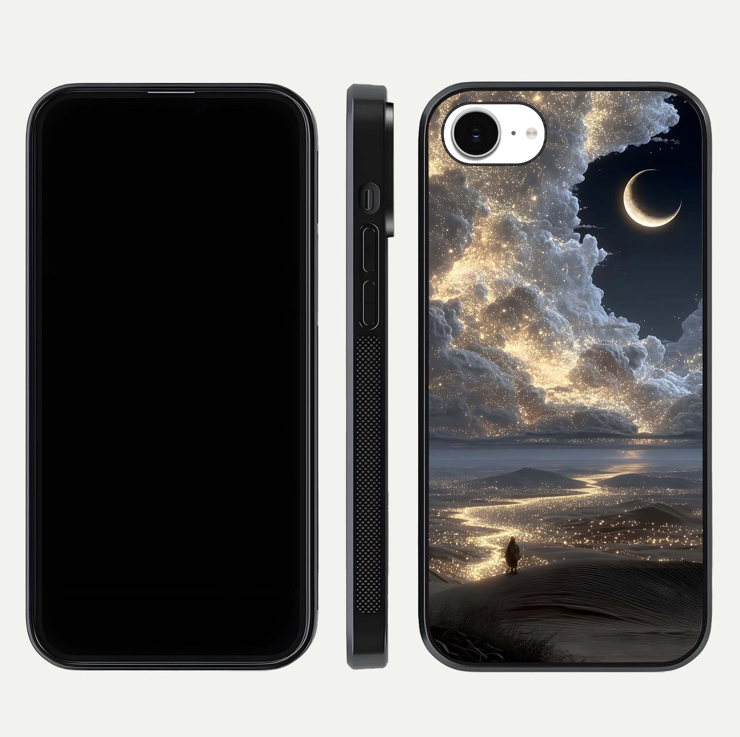 Moonlight Spark Path Glass Case for iPhone 16e front & back layout highlighting calm tones and sleek edges