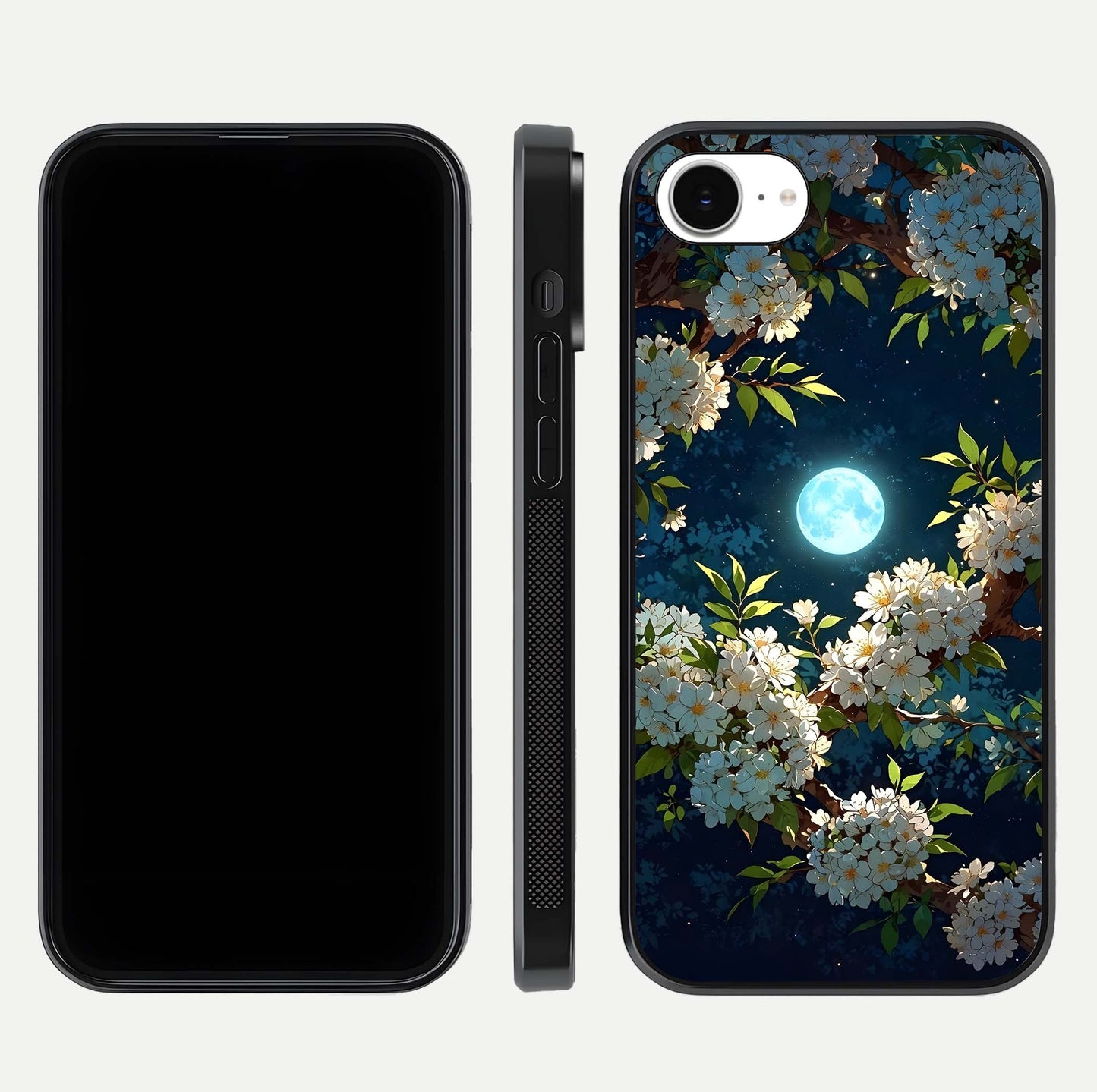 Moonlit Blossom Dream Glass Case for iPhone 16e front & back layout highlighting moonlit tones and edges