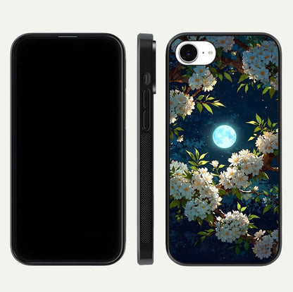 Moonlit Blossom Dream Glass Case for iPhone 16e front & back layout highlighting moonlit tones and edges