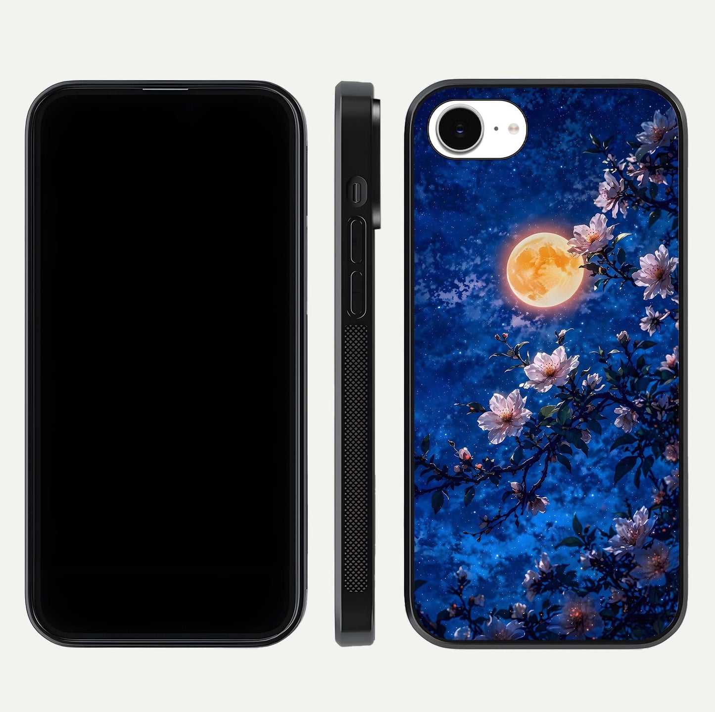 Moonlit Blossoms Night Glass Case for iPhone 16e front & back layout highlighting moonlit tones and curved edges