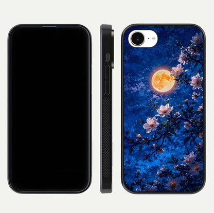 Moonlit Blossoms Night Glass Case for iPhone 16e front & back layout highlighting moonlit tones and curved edges