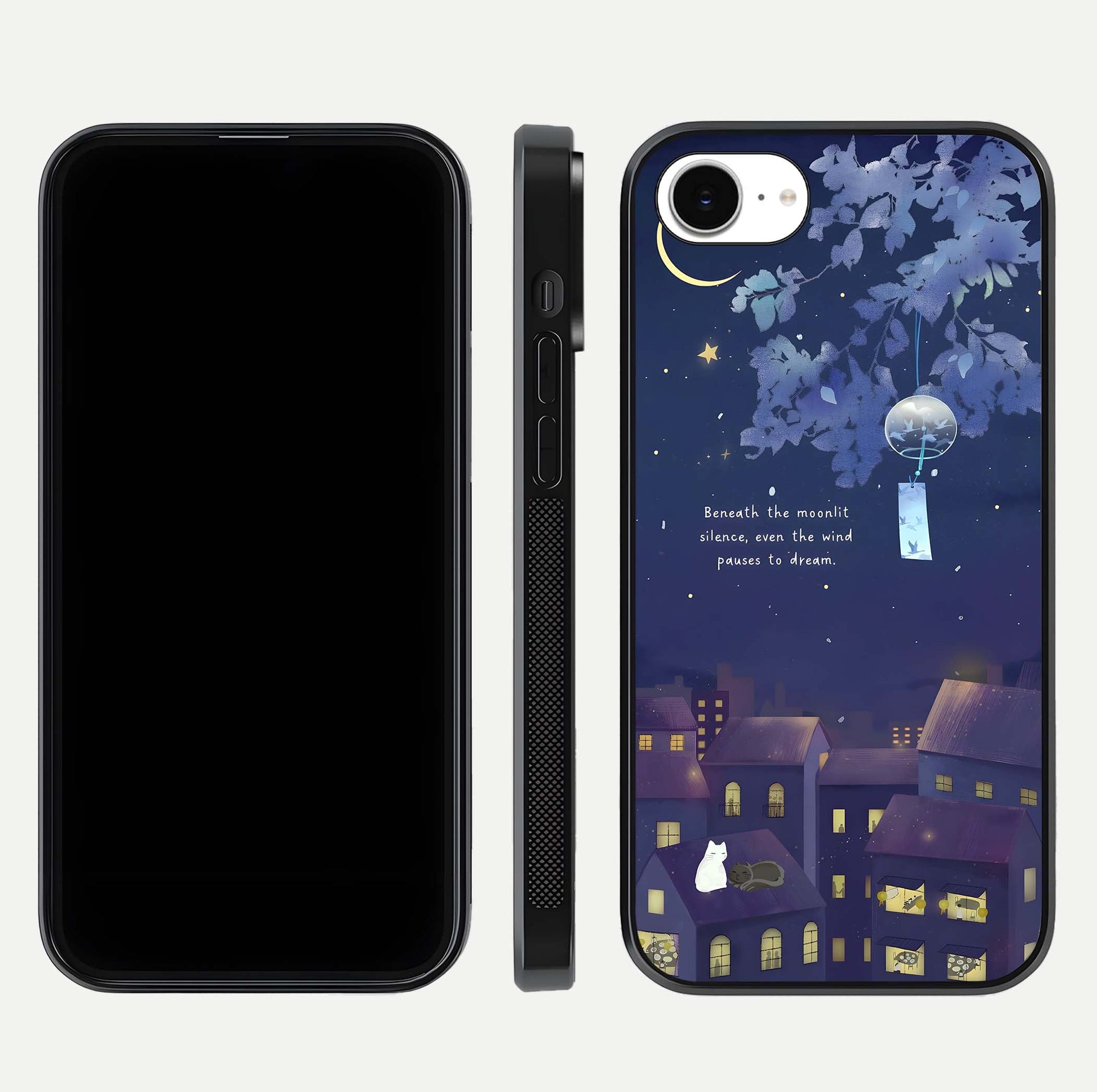 Moonlit Cat Silence Glass Case for iPhone 16e front & back layout highlighting calm tones and edge detail