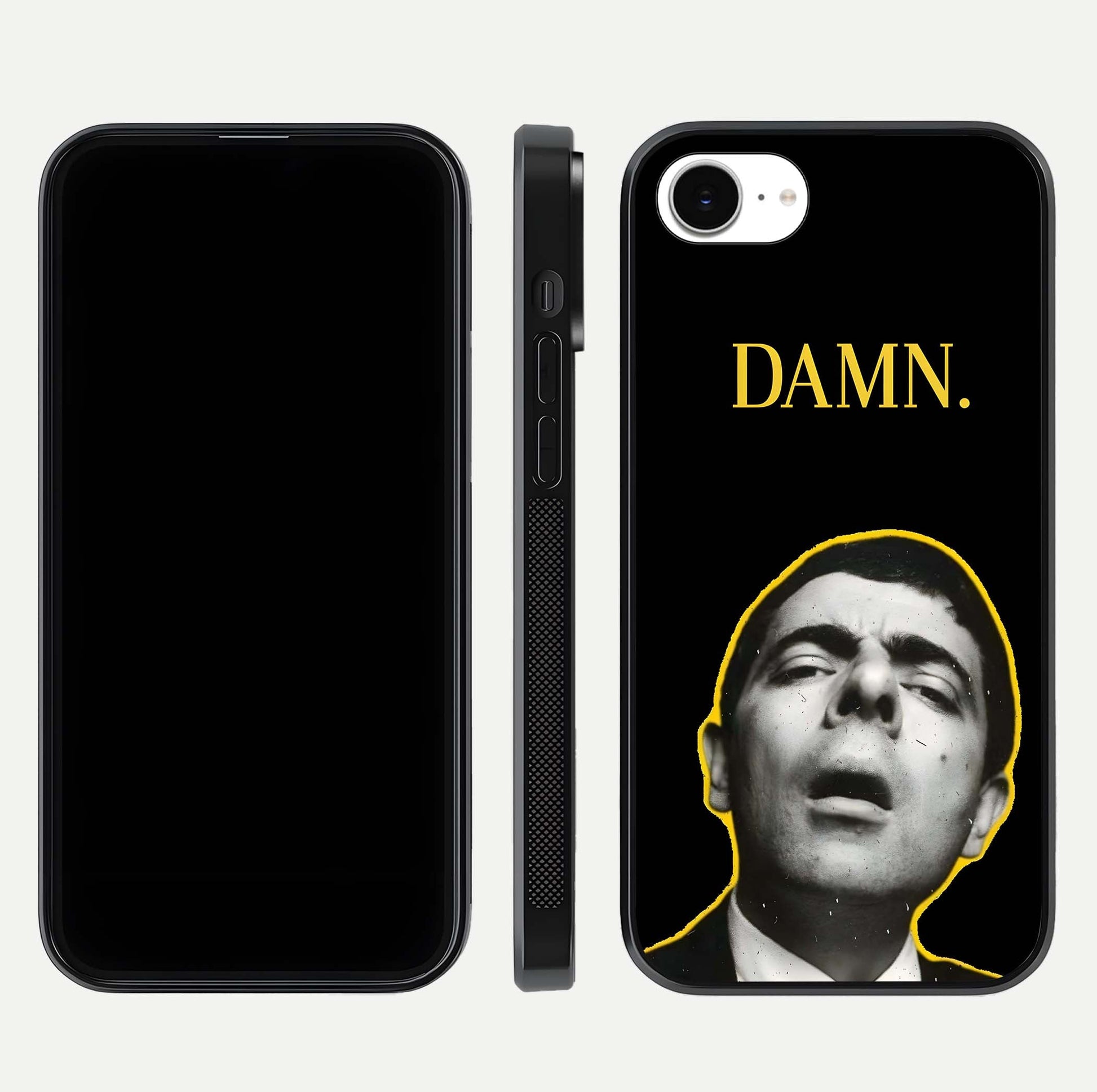 Mr Bean Damn Glass Case for iPhone 16e front & back layout displaying fun artwork and curved smooth edges