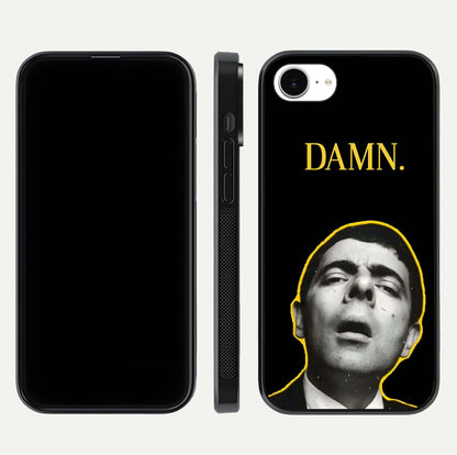 Mr Bean Damn Glass Case for iPhone 16e front & back layout displaying fun artwork and curved smooth edges