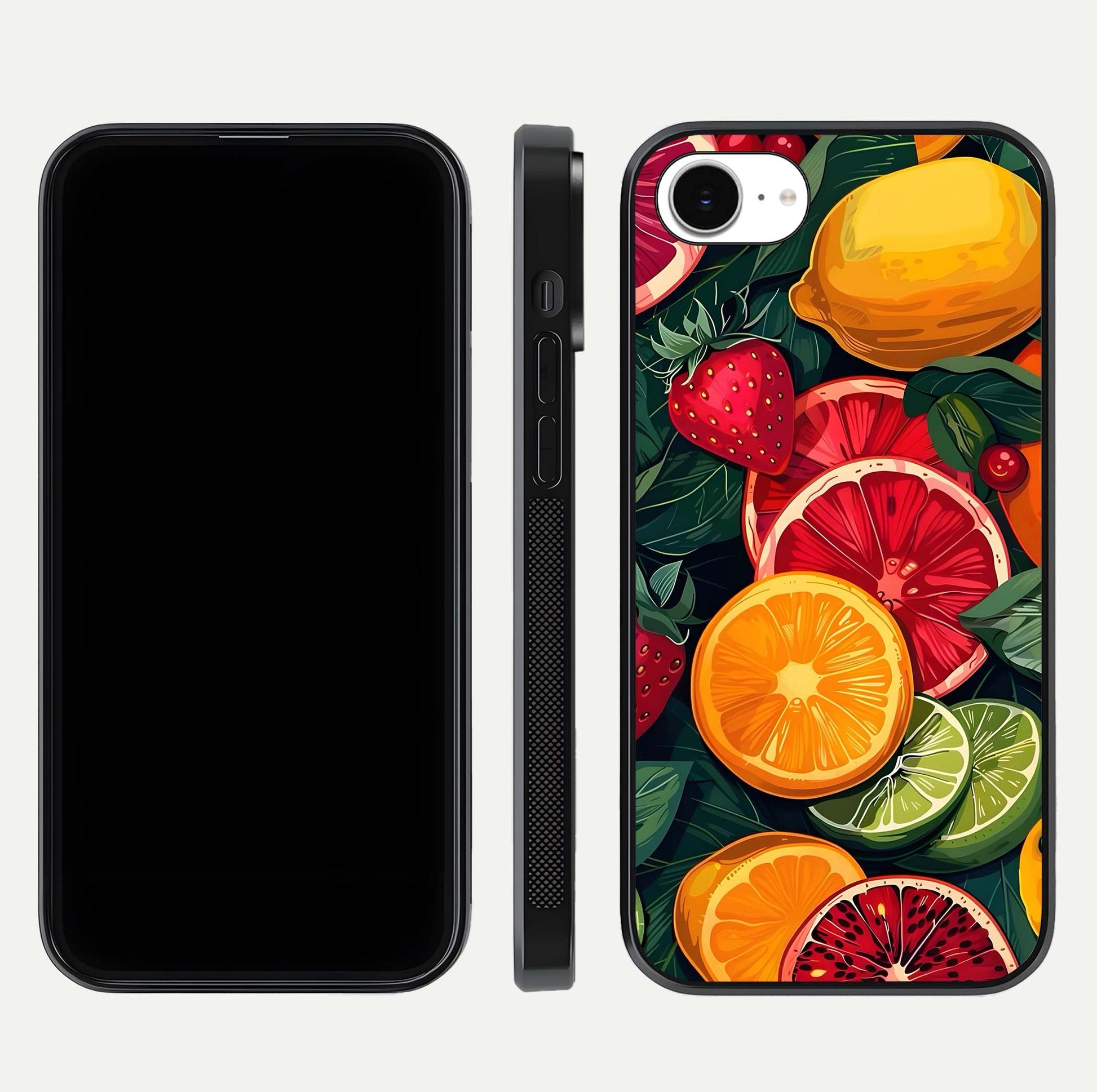 Multiple Fruits Glass Case for iPhone 16e front & back layout highlighting vibrant tones and curved edges
