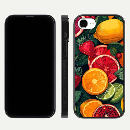 Multiple Fruits Glass Case for iPhone 16e front & back layout highlighting vibrant tones and curved edges