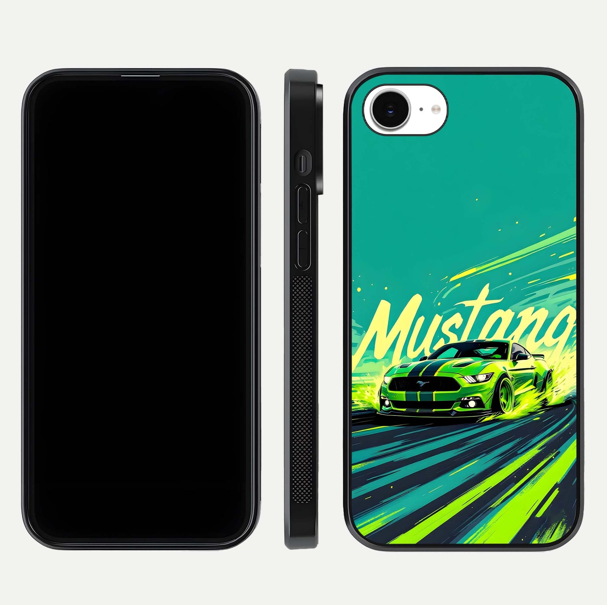 Mustang Bang Glass Case for iPhone 16e front & back layout highlighting dark automotive tones and edge detail