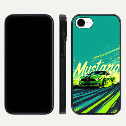 Mustang Bang Glass Case for iPhone 16e front & back layout highlighting dark automotive tones and edge detail