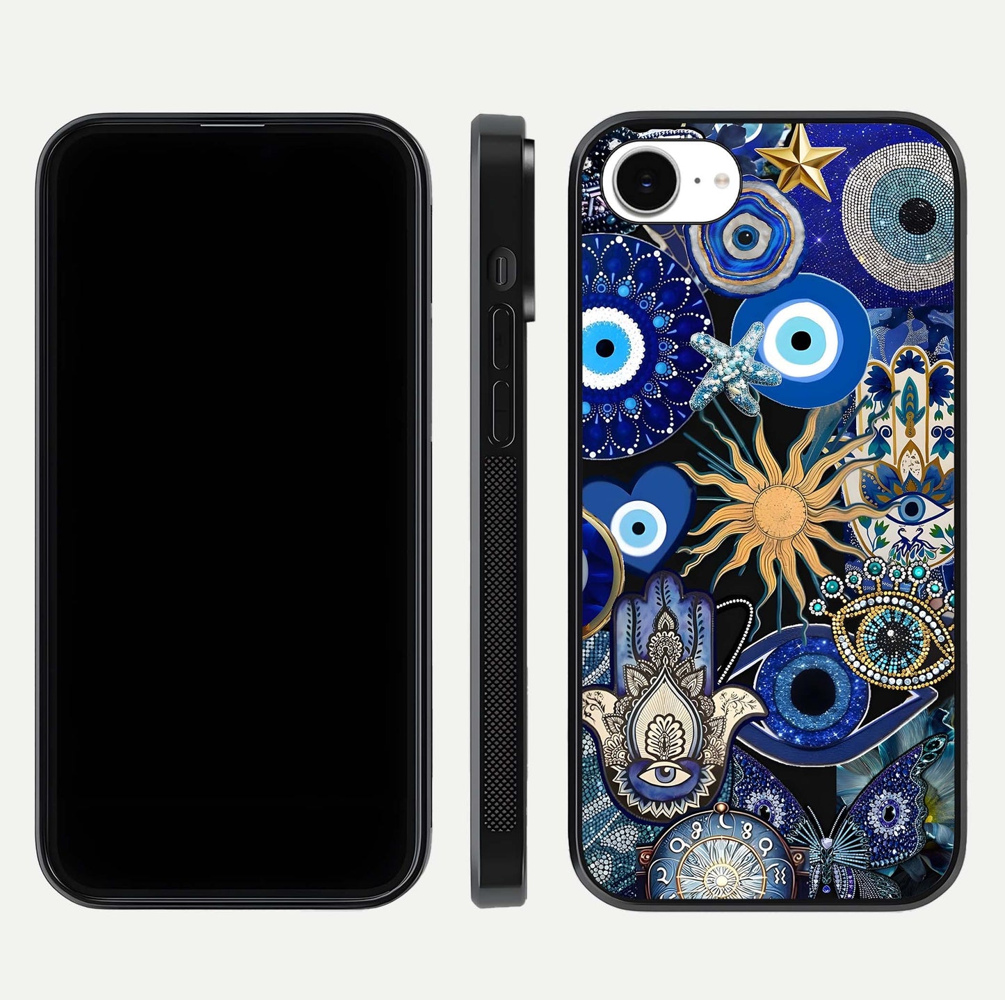 Mystic Blue Evil Eye Glass Case for iPhone 16e front & back layout showing elegant tones and edge finish