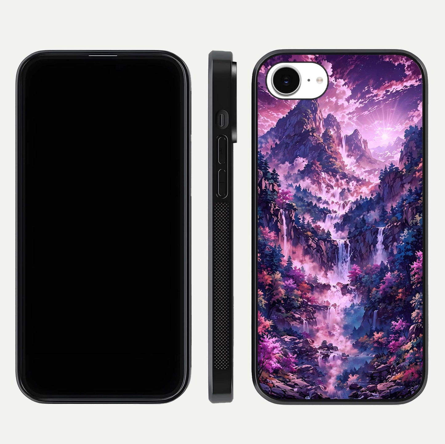 Mystic Cascade Peaks Glass Case for iPhone 16e front & back layout highlighting HD landscape tones