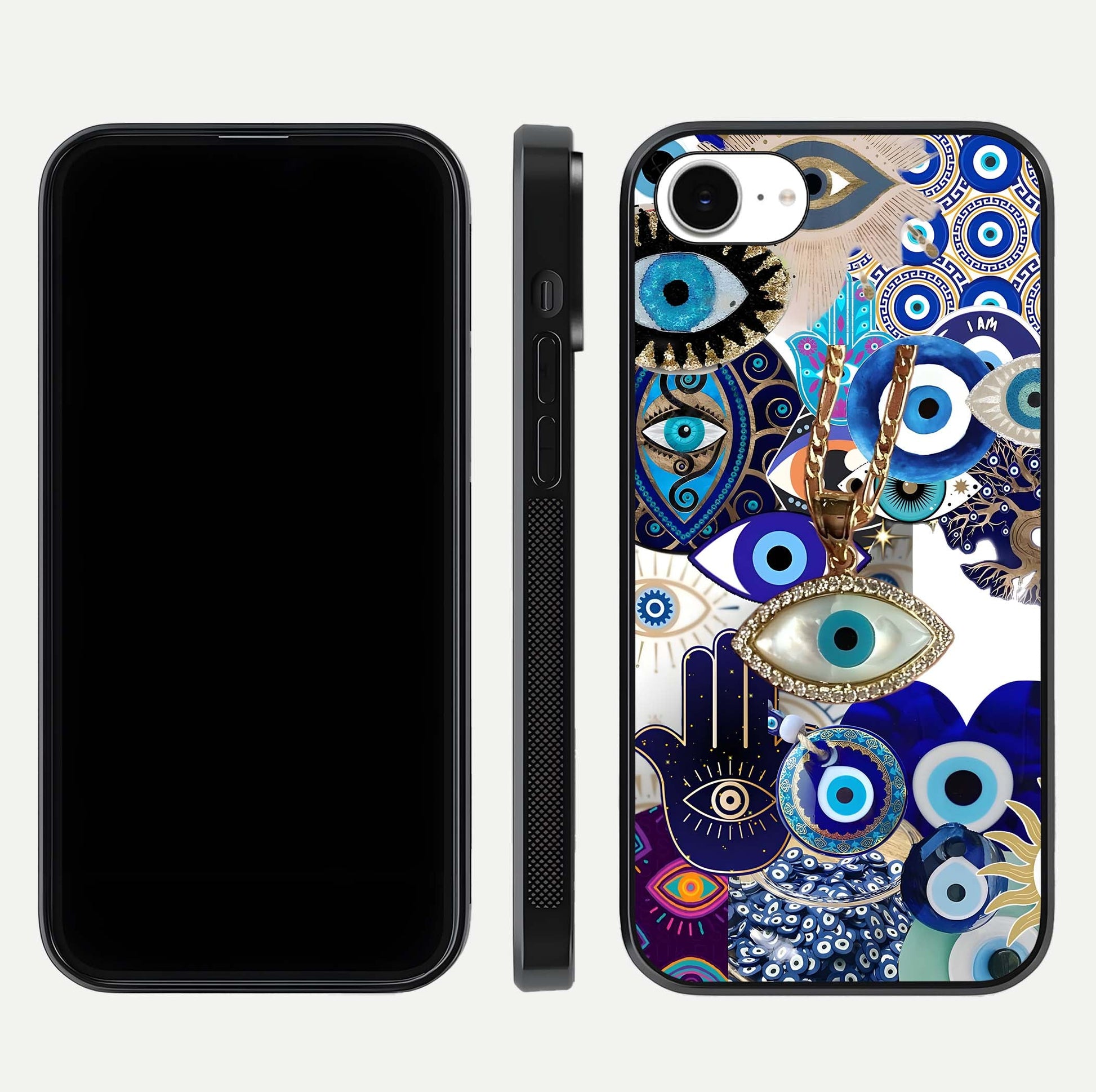 Mystic Charm Eye Glass Case for iPhone 16e front & back layout highlighting spiritual design and edges