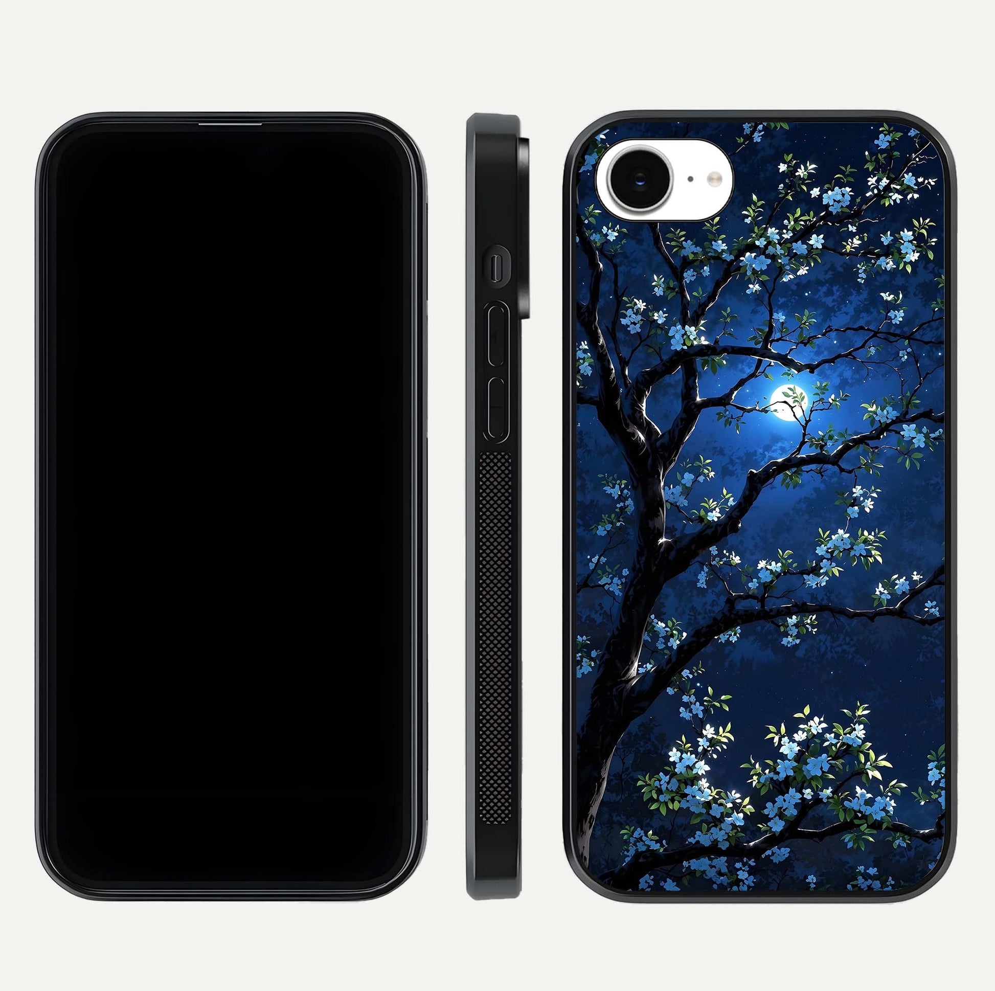 Mystic Floral Night Glass Case for iPhone 16e front & back layout showing elegant floral art and smooth edges