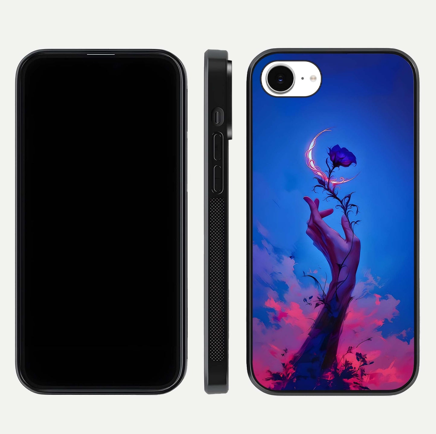 Mystic Hand Glass Case for iPhone 16e front & back layout highlighting mystic design and smooth edges