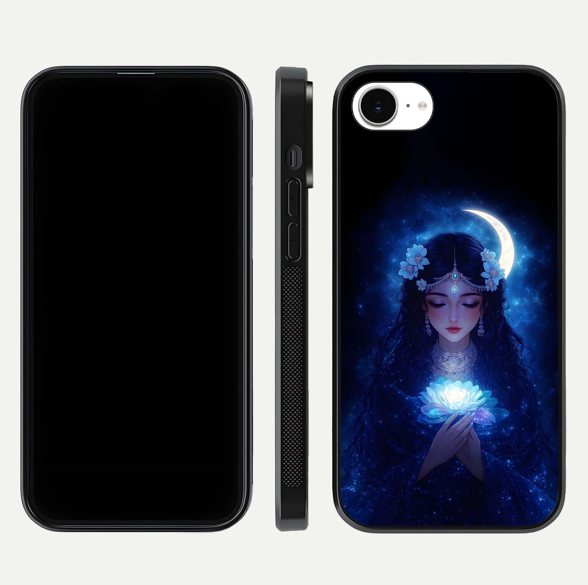 Mystic Moon Queen Glass Case for iPhone 16e front & back layout highlighting divine illustration and edges