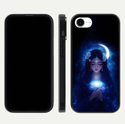 Mystic Moon Queen Glass Case for iPhone 16e front & back layout highlighting divine illustration and edges