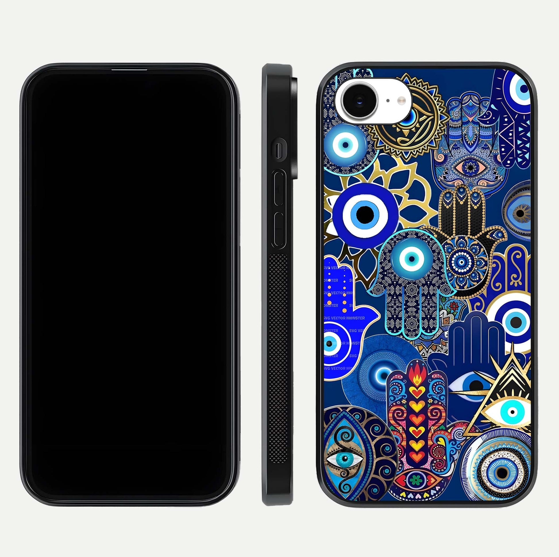 Mystic Palm Guard Glass Case for iPhone 16e front & back layout highlighting spiritual art and edge finish