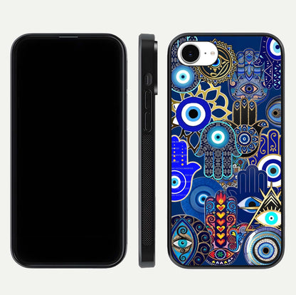 Mystic Palm Guard Glass Case for iPhone 16e front & back layout highlighting spiritual art and edge finish