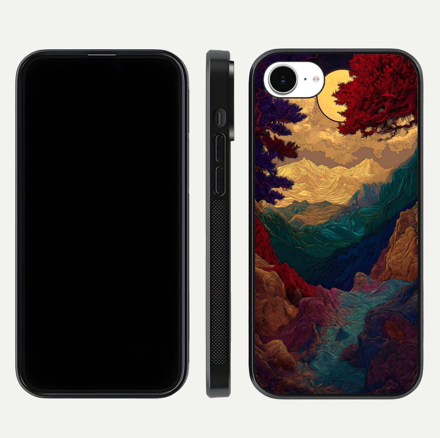 Mystic Valley Light Glass Case for iPhone 16e front & back layout displaying landscape tones and edges
