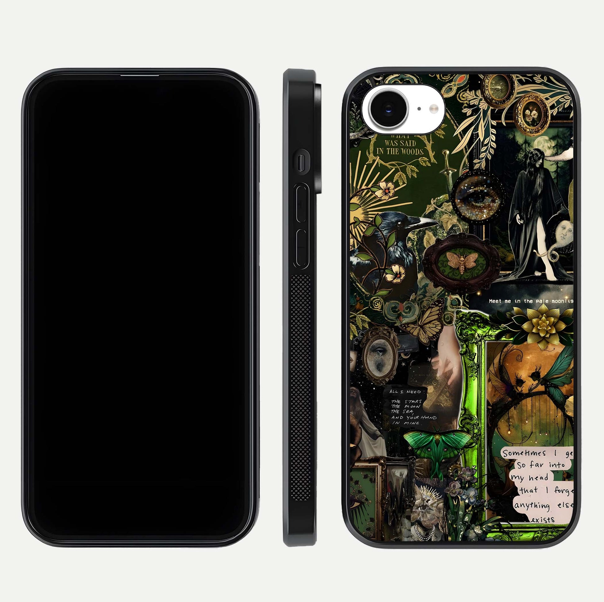 Mystic Woods Secret Glass Case for iPhone 16e front & back layout showing nature theme and smooth edges