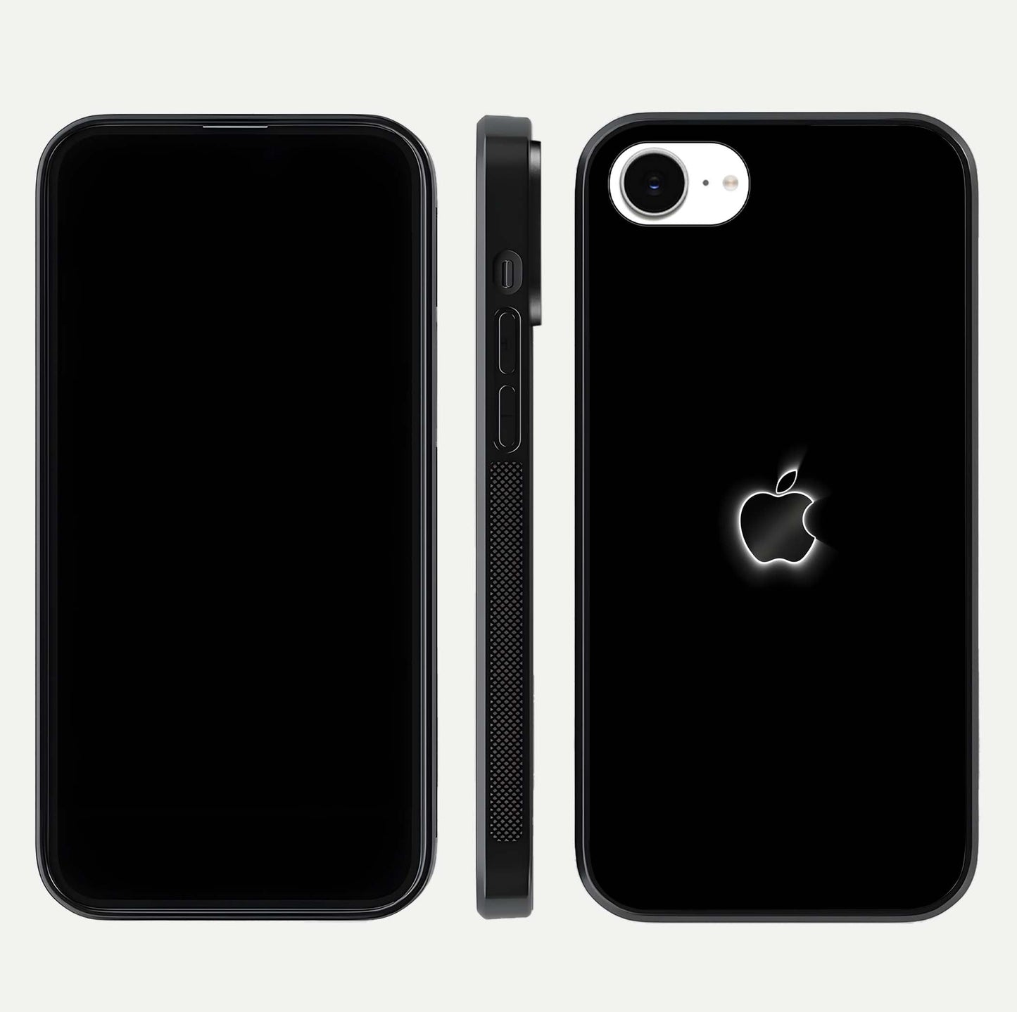 Neon Apple Glow Glass Case for iPhone 16e front & back layout showing bright tones and edge curve
