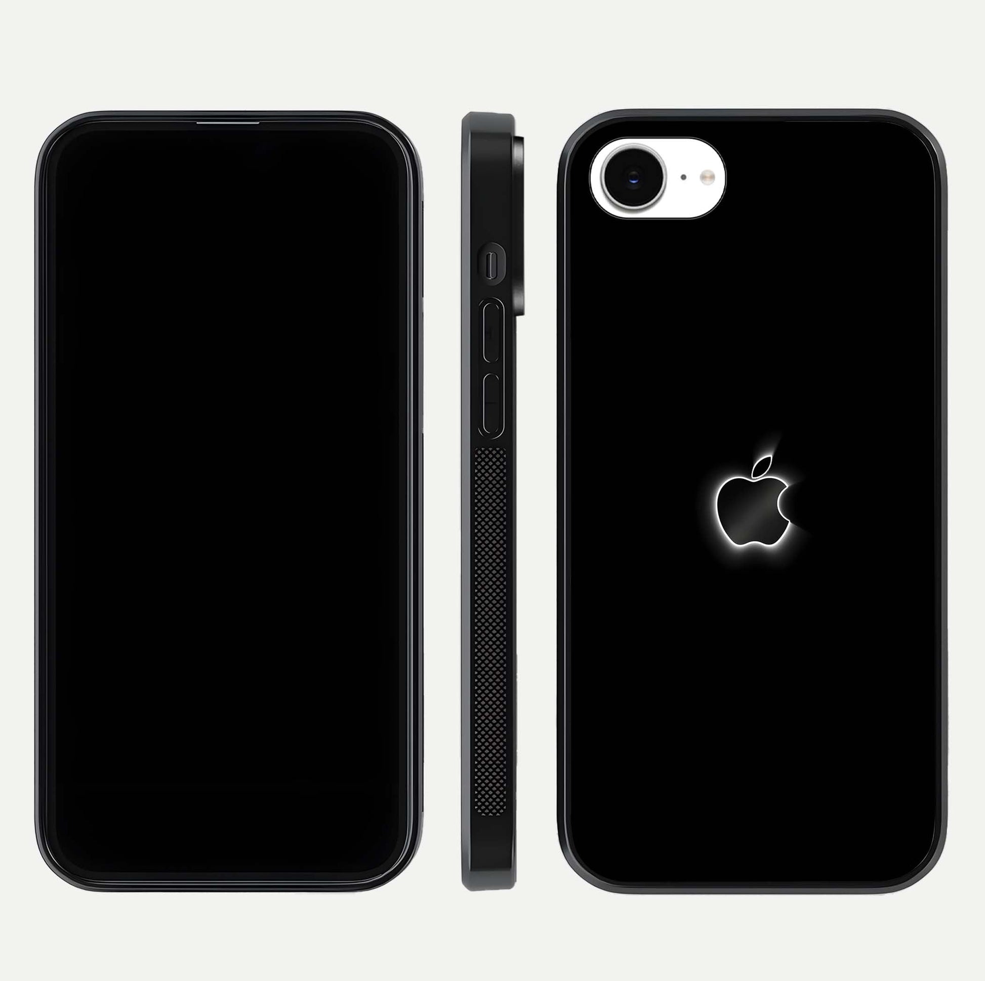 Neon Apple Glow Glass Case for iPhone 16e front & back layout showing bright tones and edge curve