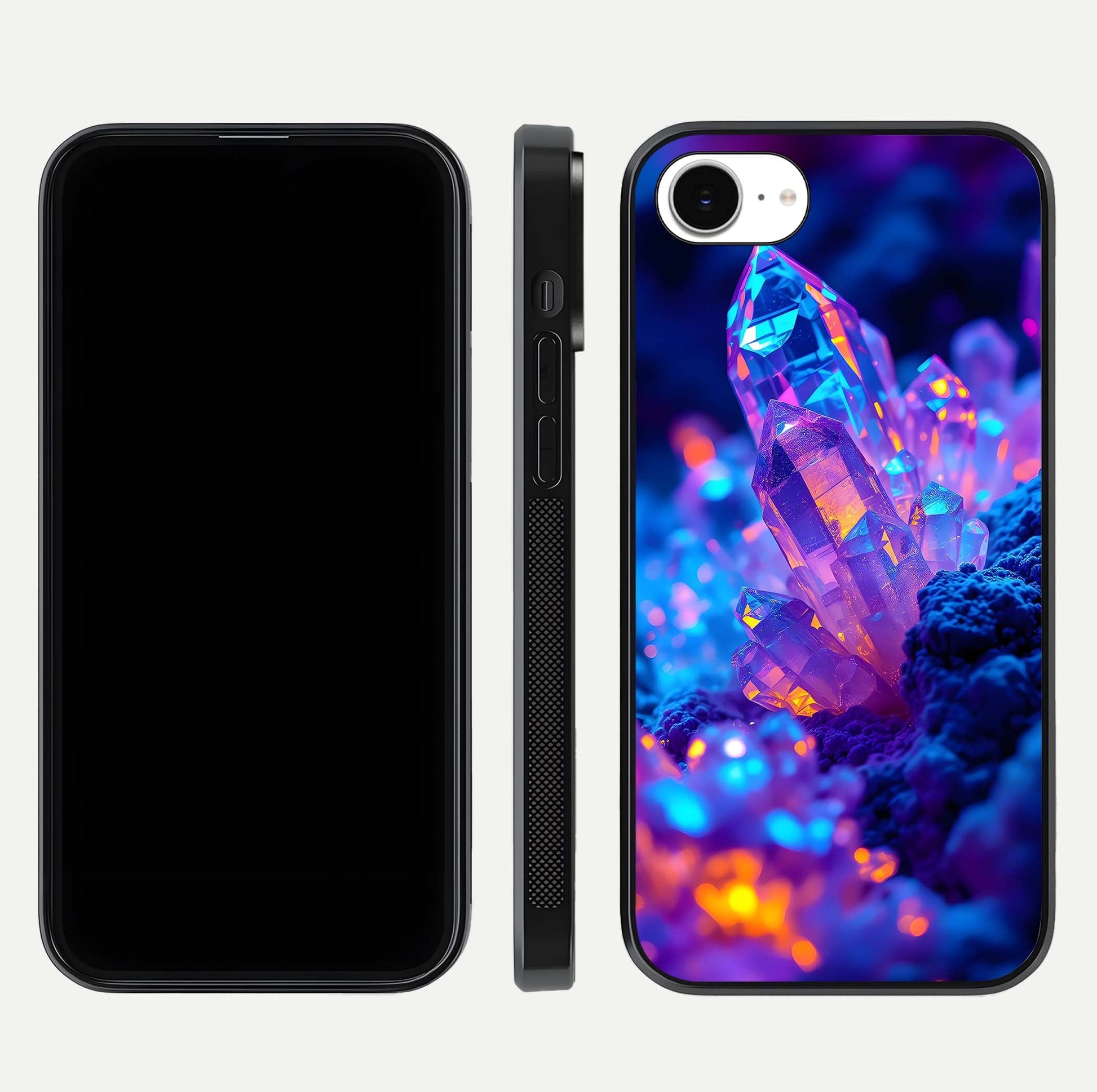 Neon Aura Shards Glass Case for iPhone 16e front & back layout showing vivid tones and edge finish