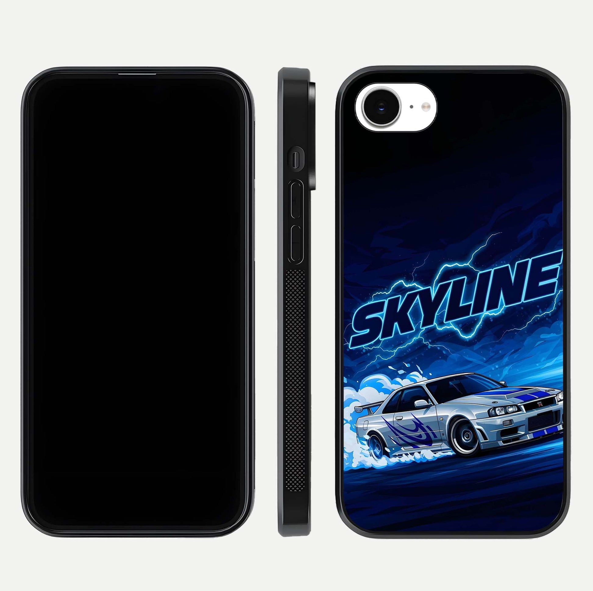 Neon Drift Beast Glass Case for iPhone 16e front & back layout showing car silhouette and edge design