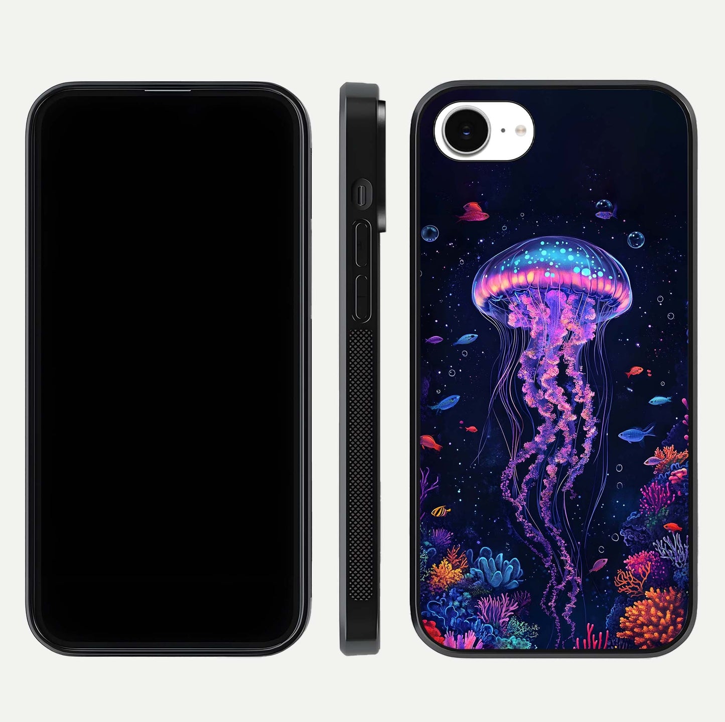 Neon Jellyfish Glass Case for iPhone 16e front & back layout highlighting HD marine art and curved edges
