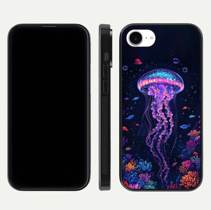 Neon Jellyfish Glass Case for iPhone 16e front & back layout highlighting HD marine art and curved edges
