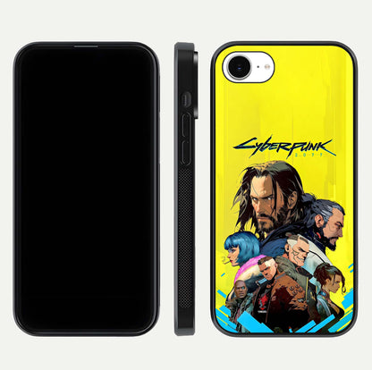 Neon Rebel Genesis Glass Case for iPhone 16e front & back layout highlighting futuristic theme and curves