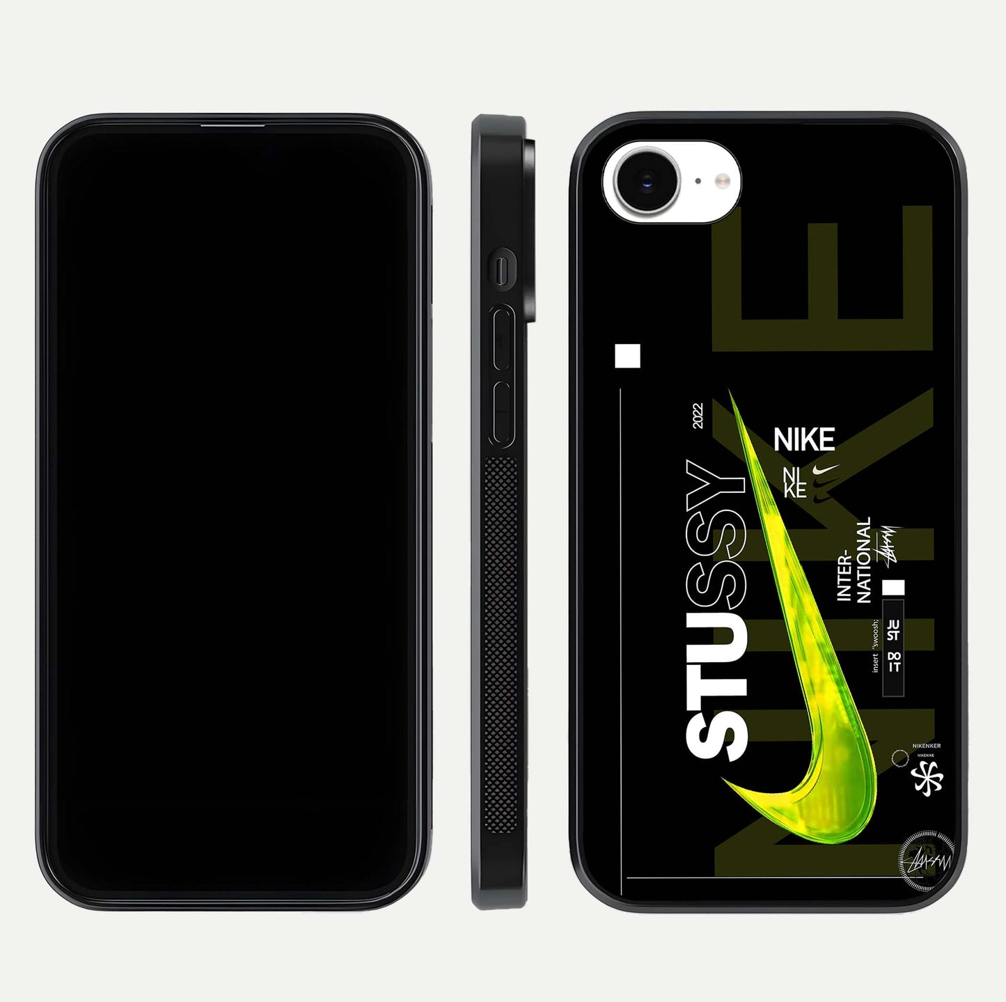 Neon Street Edition Glass Case for iPhone 16e front & back layout highlighting street art vibe and edges