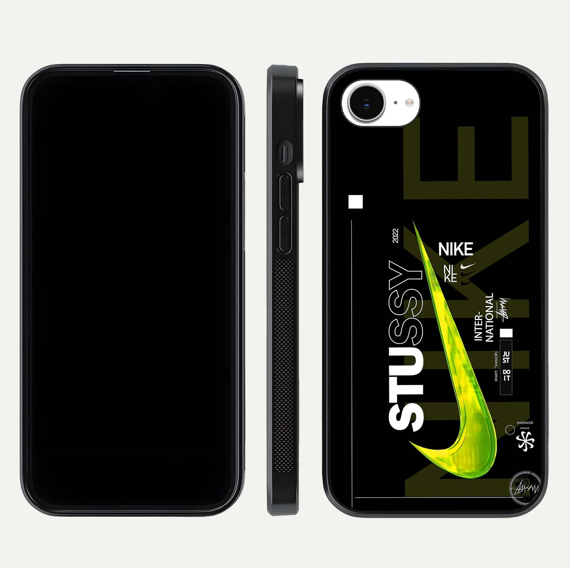 Neon Street Edition Glass Case for iPhone 16e front & back layout highlighting street art vibe and edges
