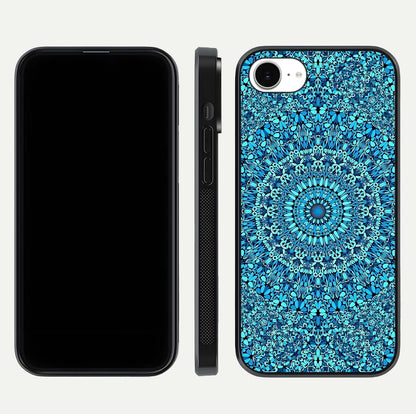 Ocean Bloom Mandala Glass Case for iPhone 16e front & back layout showing ocean tone design and edges