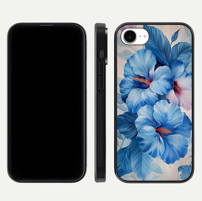 Ocean Hibiscus Grace Glass Case for iPhone 16e front & back layout showing vibrant oceanic tones and curves