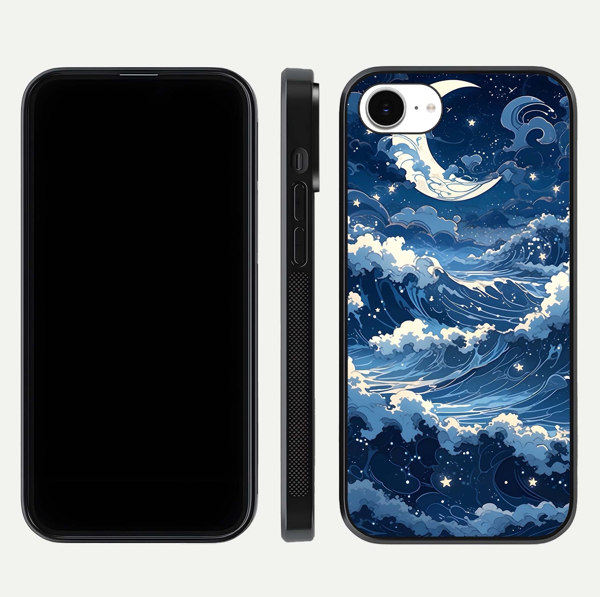 Ocean Moon Waves Glass Case for iPhone 16e front & back layout highlighting water flow and smooth edges