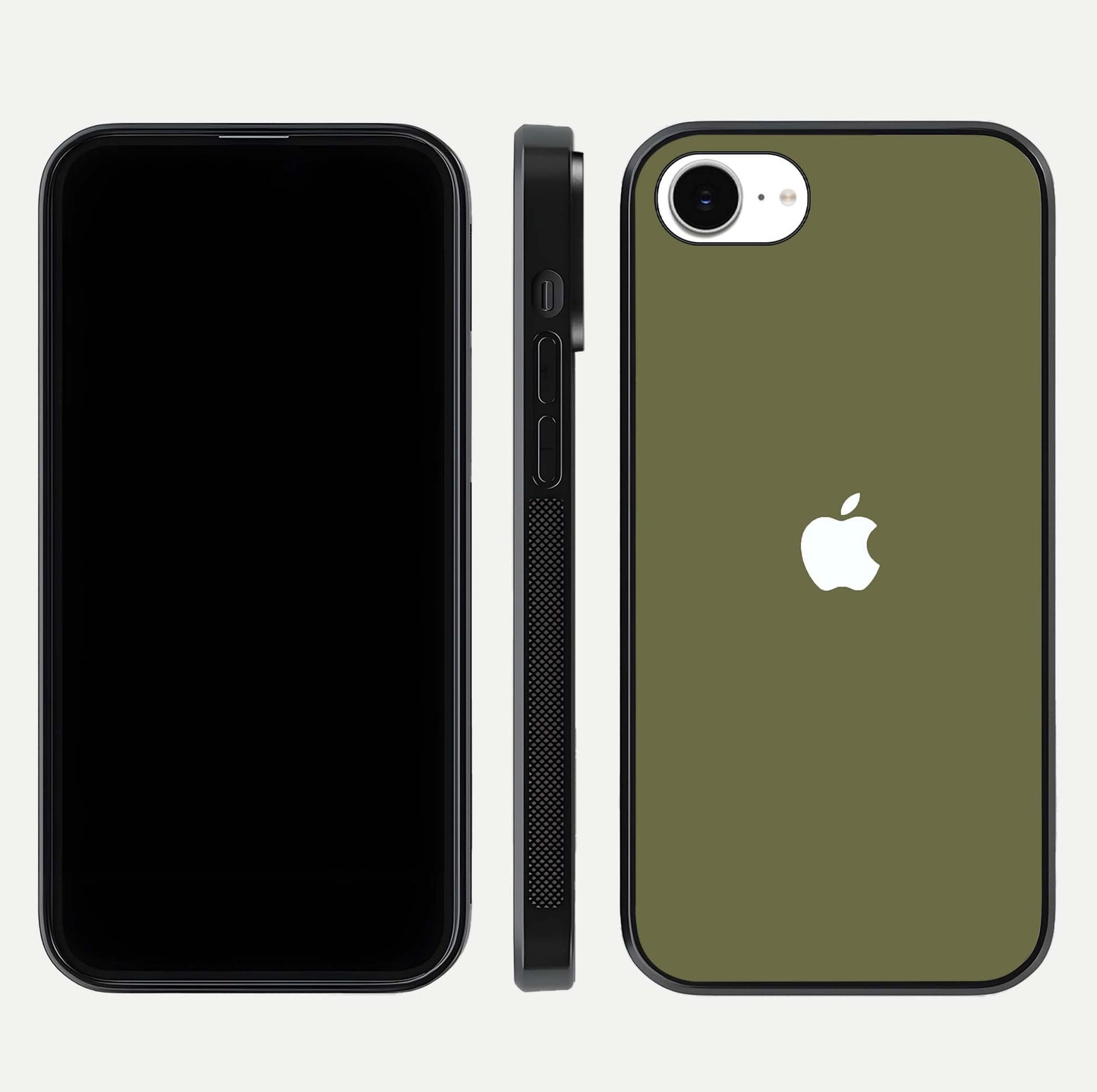 Olive Matte Essence Glass Case for iPhone 16e front & back layout highlighting simple design and clean edges
