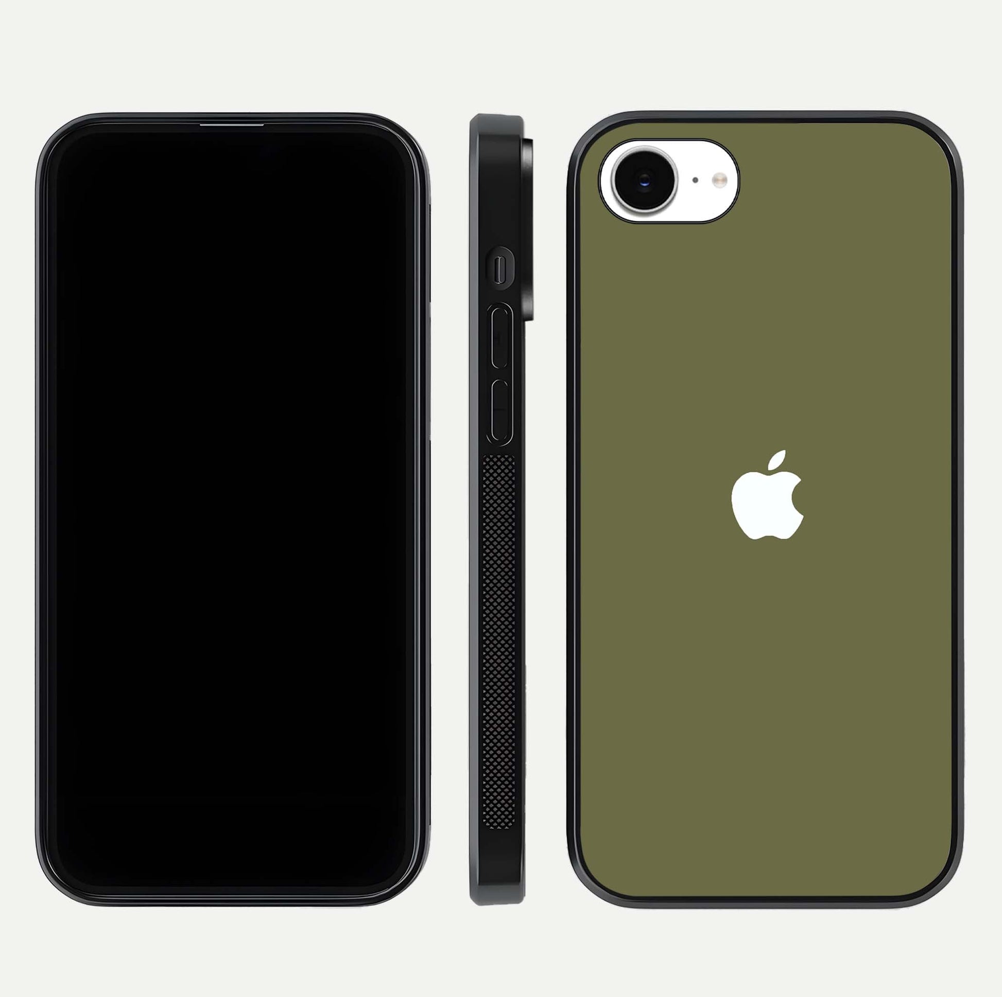 Olive Matte Essence Glass Case for iPhone 16e front & back layout highlighting simple design and clean edges
