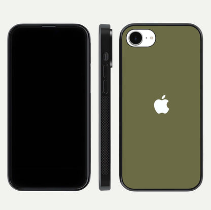 Olive Matte Essence Glass Case for iPhone 16e front & back layout highlighting simple design and clean edges