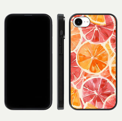 Orange Fruits Pattern Glass Case for iPhone 16e front & back layout highlighting bright colors and clean edges