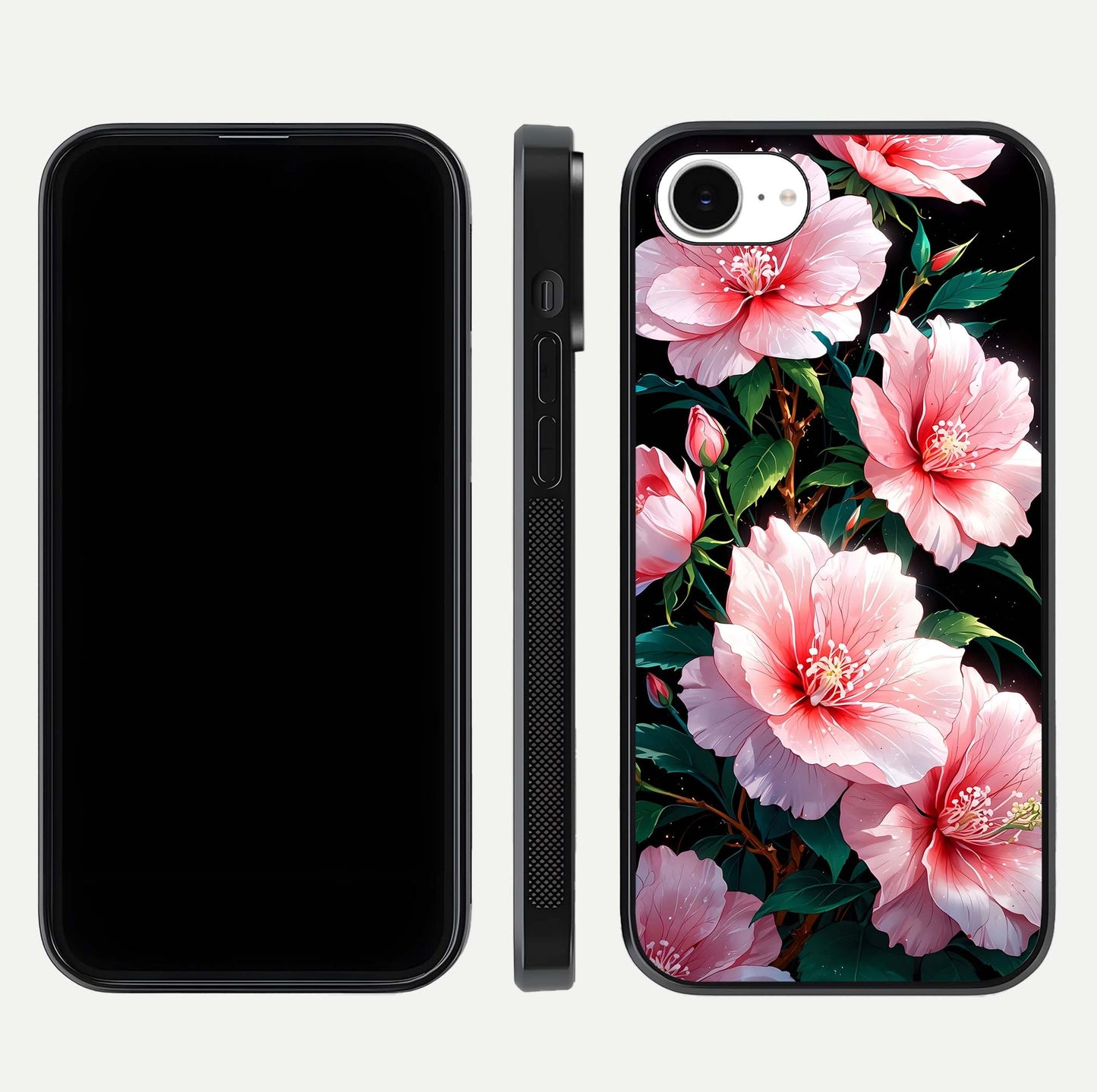 Peach Flower Glass Case for iPhone 16e front & back layout showing elegant floral tones and smooth edges