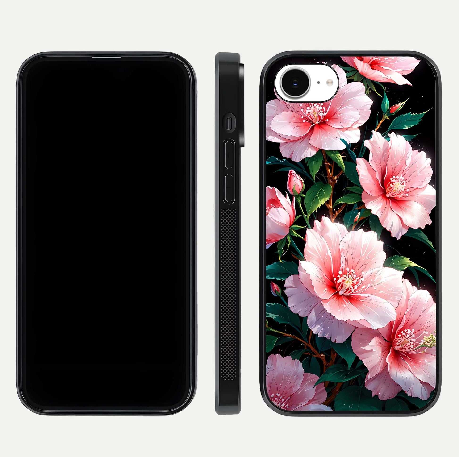Peach Flower Glass Case for iPhone 16e front & back layout showing elegant floral tones and smooth edges