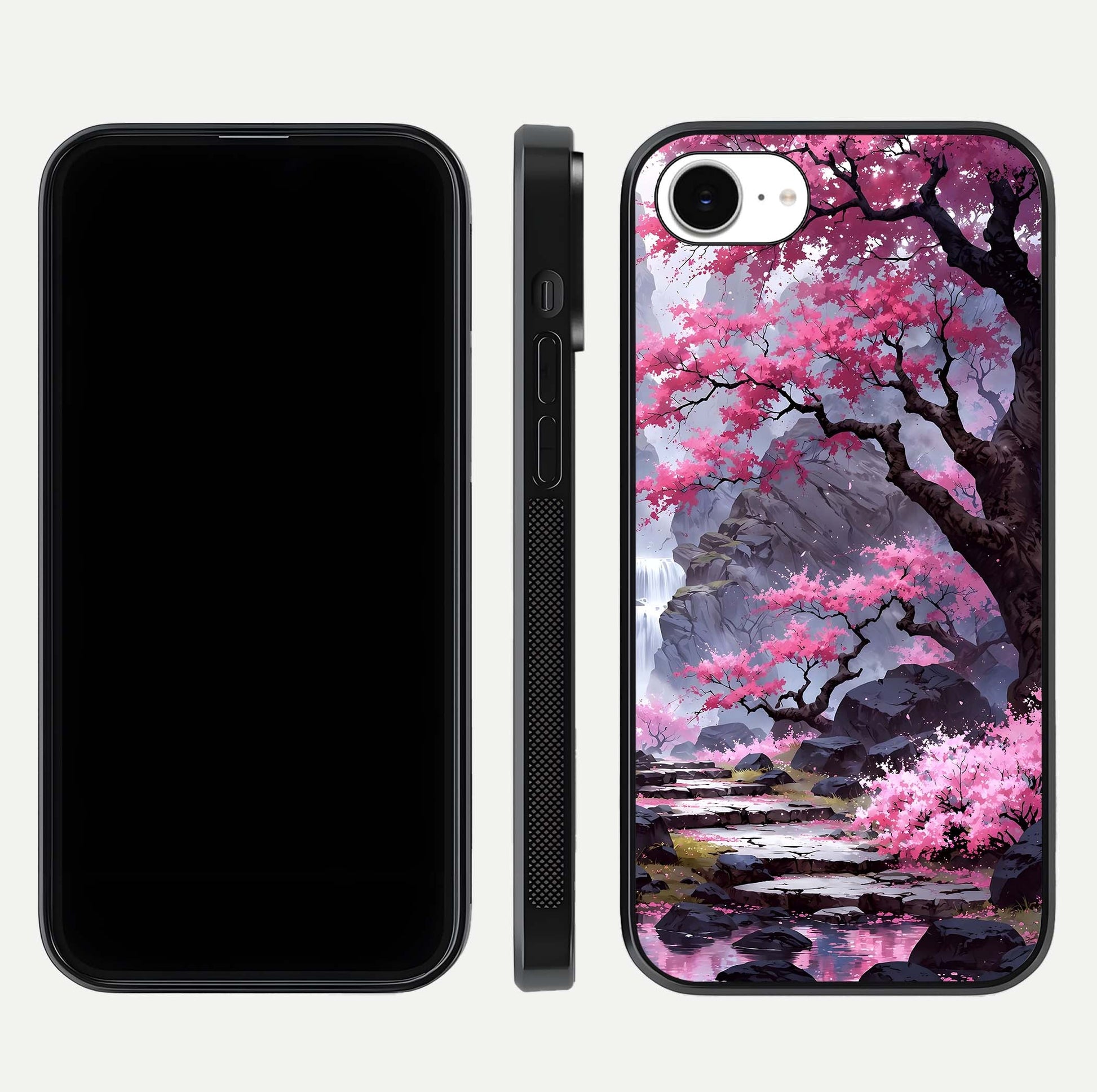 Pinkish Scenery Glass Case for iPhone 16e front & back layout showing landscape art and curved edge finish