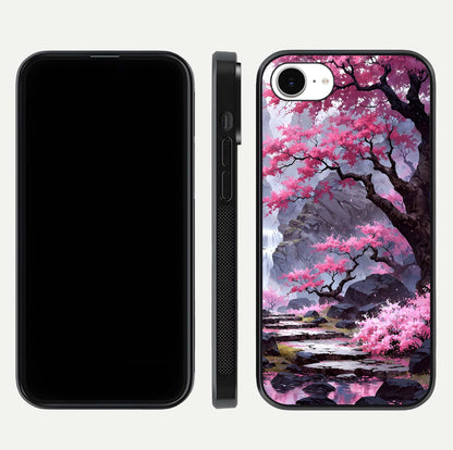 Pinkish Scenery Glass Case for iPhone 16e front & back layout showing landscape art and curved edge finish