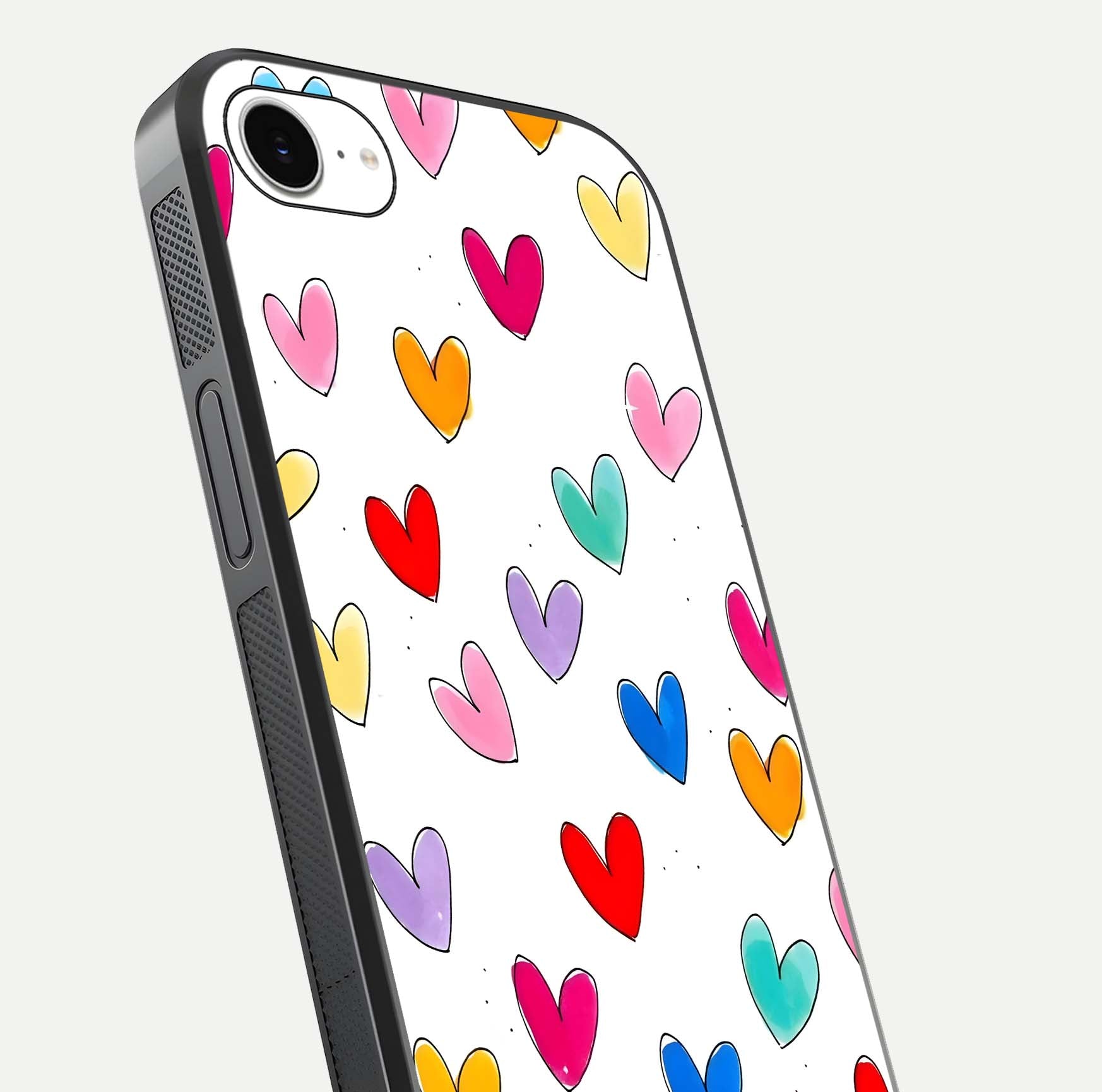 Playful Love Doodles iPhone 16e glass phone case angled back view highlighting doodle artwork and textured grip edges