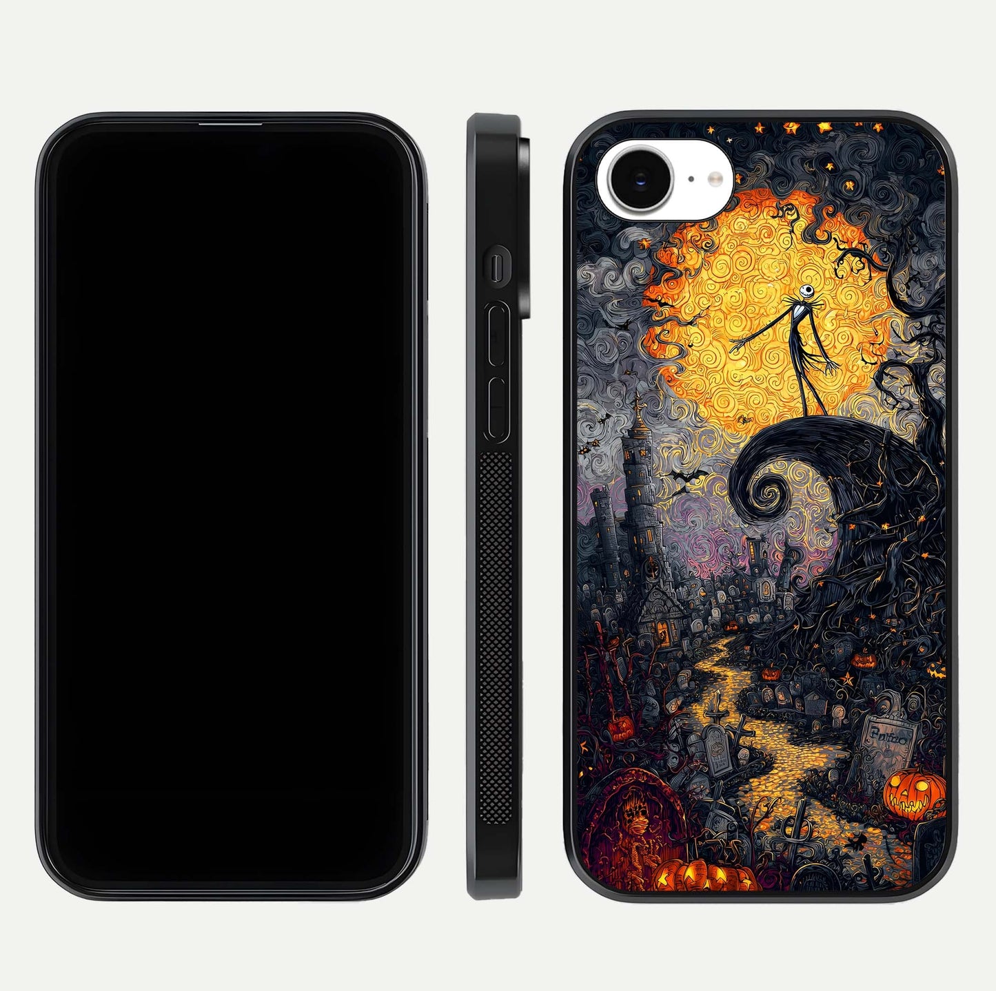 Pumpkin Moon Night Glass Case for iPhone 16e front & back layout highlighting festive tones and smooth edges