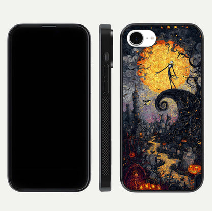 Pumpkin Moon Night Glass Case for iPhone 16e front & back layout highlighting festive tones and smooth edges